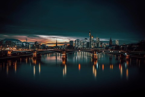 View of Frankfurt and the illuminated Frankfurt skyline
