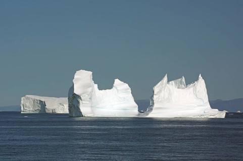 Huge icebergs in a wide bay