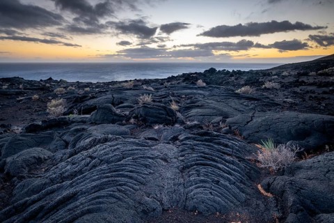 Typical volcanic landscape at La Restinga at sunset