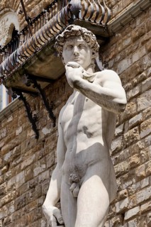 Statue David by Michelangelo in front of the Palazzo Vecchio on the Piazza della Signoria