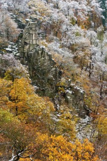 First snow on the autumnal slopes of the Bode Valley in the Harz Mountains