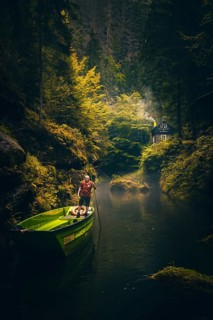 Autumn in the Edmundsklamm with river boat small house