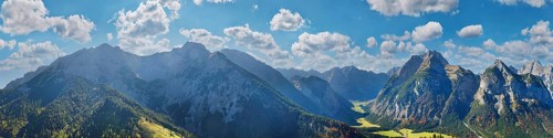 Panorama from the Hasentalalm with view into the narrow valley to the Grosser Ahornboden and the Karwendel peaks of Sonnjoch