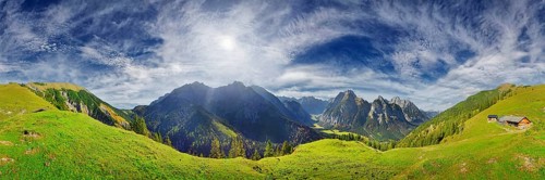 360 panorama from the Hasentalalm with view into the narrow valley to the Grosser Ahornboden and the Karwendel peaks of Sonnjoch