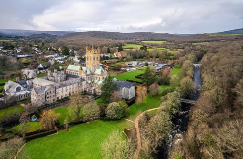 Buckfast Abbey Church from a drone