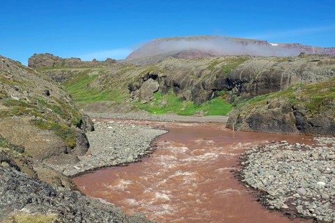 Reddish brown river flowing through a green arctic landscape