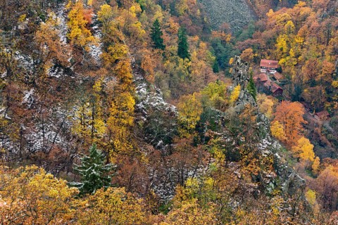 First snow on the autumnal slopes of the Bode Valley in the Harz Mountains