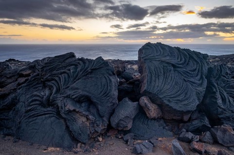 Typical volcanic landscape at La Restinga at sunset