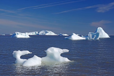 Small and large pieces of ice in a wide bay