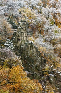 First snow on the autumnal slopes of the Bode Valley in the Harz Mountains