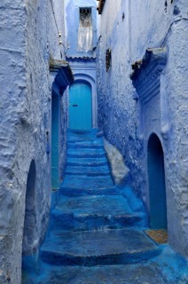 Staircase with blue houses