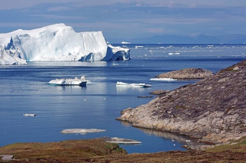 View of a bay with icebergs