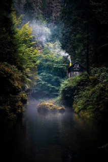 Autumn in the Edmundsklamm gorge with river small house