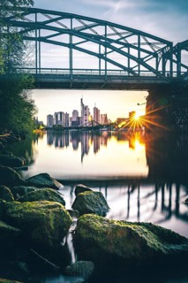 View under a railway bridge over the river Main