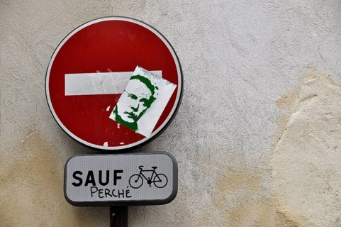 Stickered traffic sign Transit prohibited except for cyclists
