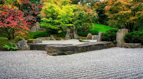 Japanese garden with gravel bed and stone formation