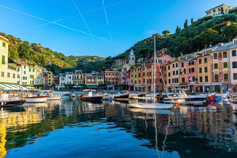 Boats anchor in the harbour of Portofino