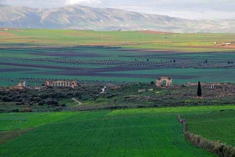 Ancient Roman ruins Volubilis overlooking Rif Mountains near Moulay Idriss