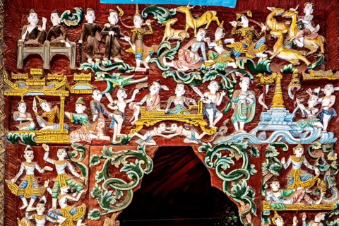 Wood carvings in side temples of Shwezigon Pagoda