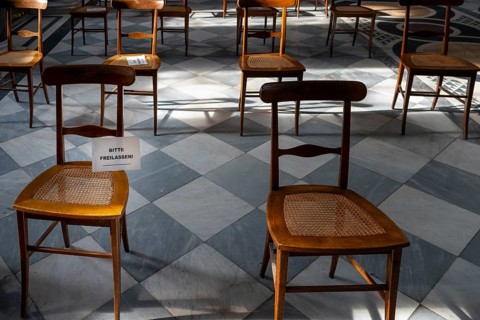 Rows of chairs and altar during the Corona Pandemic in the Friedenskirche in Potsdam