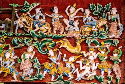 Wood carvings in side temples of Shwezigon Pagoda