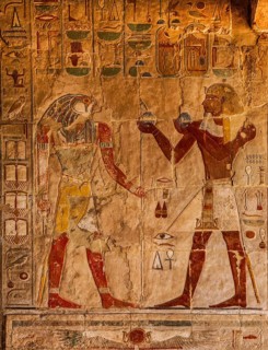 Relief in the portico of the Anubis Chapel with Thutmosis III sacrificing to the god Sokar in falcon form