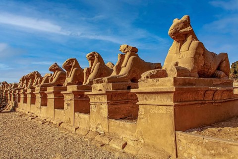 Ram sphinxes in front of the 1st pylon with the statue of Ramses II between the legs