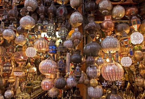 Ornate copper-forged lamps in the souks of Fes
