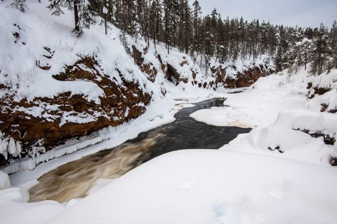 Snowy winter landscape with river course in Oulanka National Park
