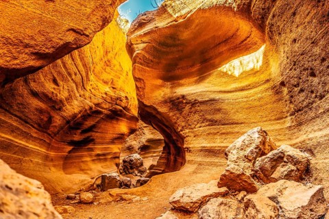 Amazing orange canyon called Barranco de las vacas located in heart of Grand Canaria