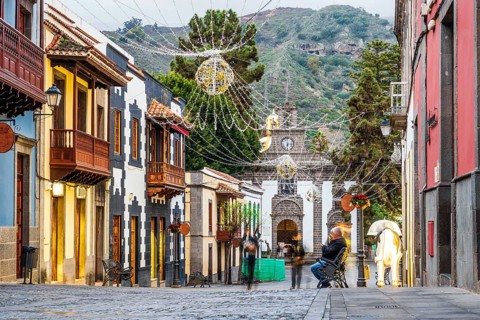 Illuminated main street in historic Teror