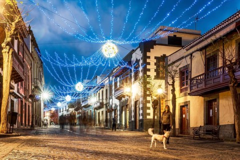 Illuminated main street in historic Teror