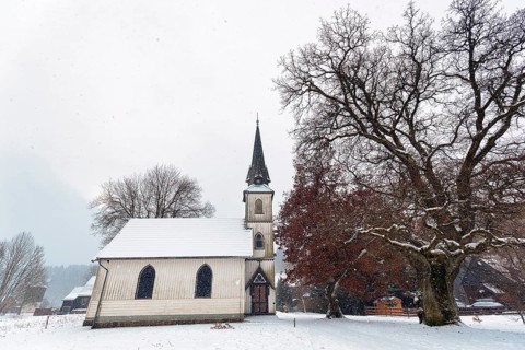 Small half-timbered church in neo-Gothic style
