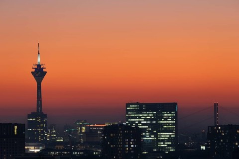 Duesseldorf skyline at sunset