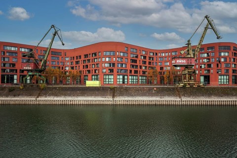 New building of the State Archive of North Rhine-Westphalia with old harbour cranes