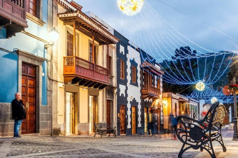 Illuminated main street in historic Teror