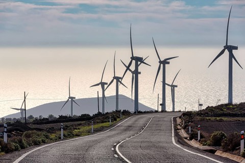 Road and wind turbines