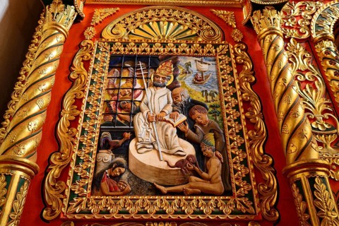 Detail of the colourful altar of the mission church Catedral Inmaculada