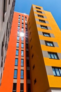 Colourful high-rise residential buildings in the Maerkisches Viertel