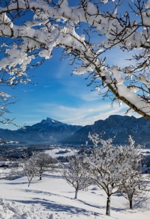 View of snow-covered Mondseeland with Schafberg and Drachenwand