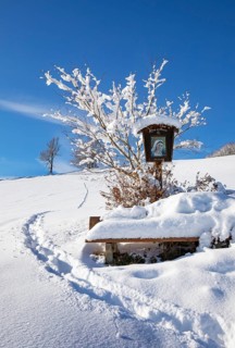 Snow-covered wayside shrine in Mondseeland