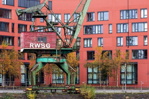 Old harbour crane in front of new building Landesarchiv North Rhine-Westphalia