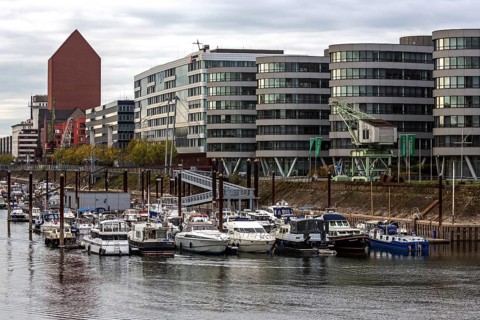 Five Boats office building with marina