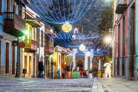 Illuminated main street in historic Teror