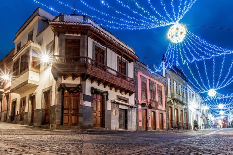 Illuminated main street in historic Teror