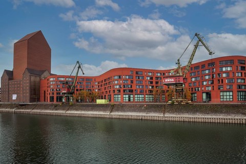 New building of the State Archive of North Rhine-Westphalia with old harbour cranes