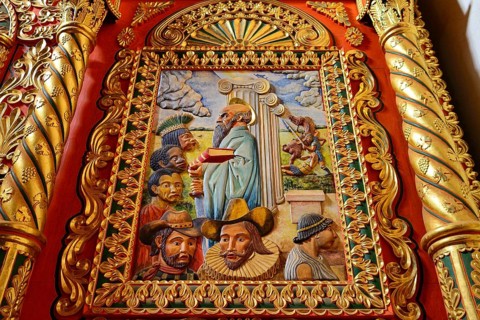 Detail of the colourful altar of the mission church Catedral Inmaculada