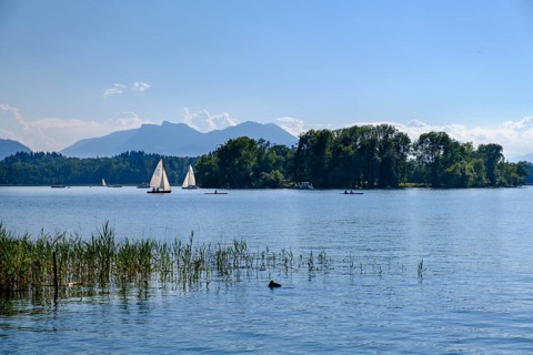 Sailing boats on Fraueninsel with Frauenwoerth Monastery