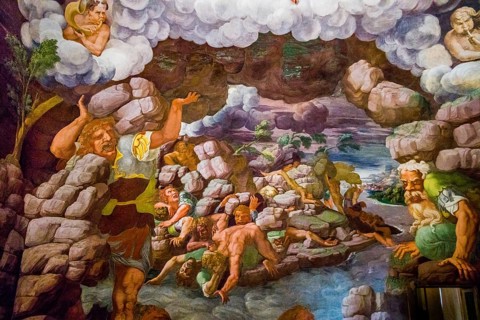 Most famous fresco of Mannerism: Giulio Romano's illusion invents a dome and dissolves the architecture of the room into the fall of the giants