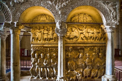 Pulpit (13th c.) over sarcophagus (4th)